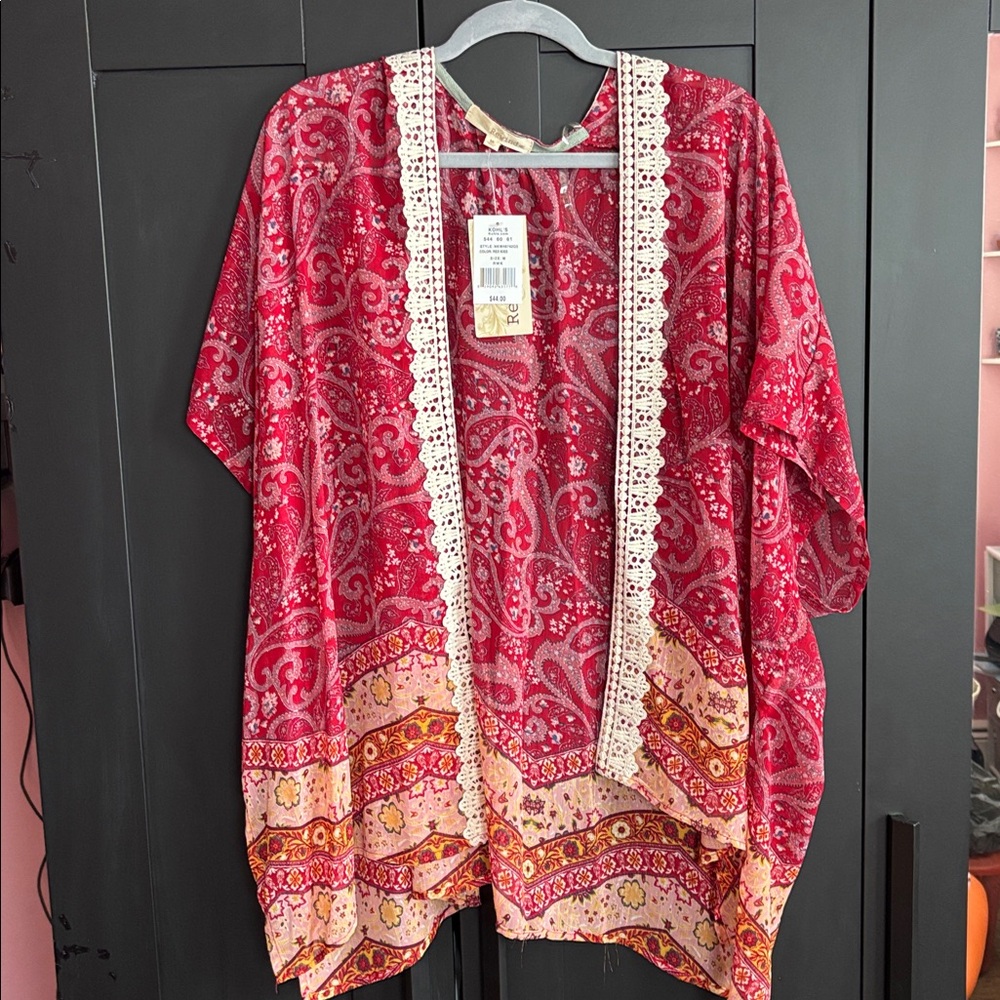 Rewind Red Paisley Kimono with Cream Lace